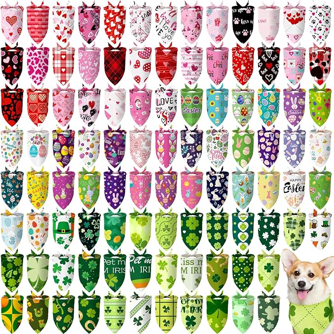 100 Pcs Seasonal Dog Bandanas Valentines Day St. Patrick's Day Easter Pet Bandanas Bulk Holiday Triangle Pet Bibs Scarf for Medium Large Dog Spring Festival Costume Decor