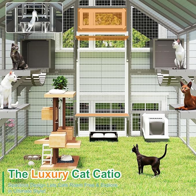 Extra Large Catio, Walk-in Outdoor Cat Enclosure with Weatherproof Cover, 8 Platforms & 2 Resting Boxes, Bridges & Window Connecting for Multiple Cats, Patio Backyard Pet Habitat