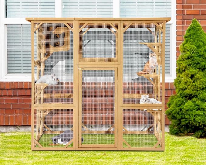 Grepatio Cat Enclosure Large Outdoor Catio Wooden Cat House with Weatherproof, Cat Cage Condo Indoor Playpen with Platform and Small House (Natural)