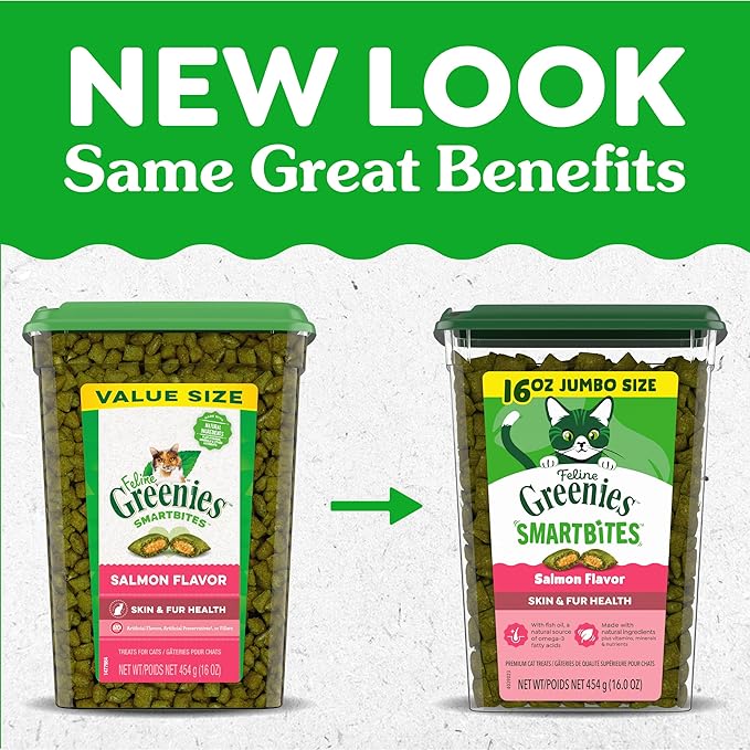 Greenies Cat Treats, Feline Smartbites, Skin & Fur Health, Crunchy and Soft Cat Treats, Salmon Flavor, 16 oz. Tub