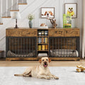 GAOMON 82 Inch Double Dog Crate Furniture with 4 Storage Drawers, Heavy Duty Extra Large Dog Kennel TV Stand for 2 Large Dogs, Wooden Indoor Pet House with 4 Open Shelves, Rustic Brown