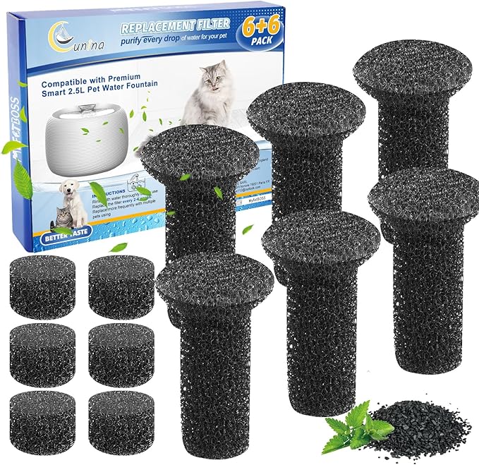 Premium Fountain Replacement Foam Filters/Sponge Mufflers - 6 Sets (Compatible with Premium Smart 2.5L/84oz Cat Pet Dog Water Fountain for Drinking)