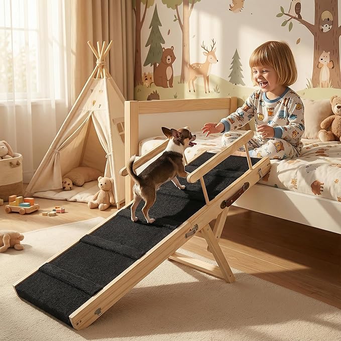 Wooden Pet Ramp for Bed, Foldable Dog Ramp with Removable Side Rails, Lightweight Ramp for Dogs for Large Dogs Senior Cats, Supports up to 70 lbs for Easy Access to Bed or Car (Medium)