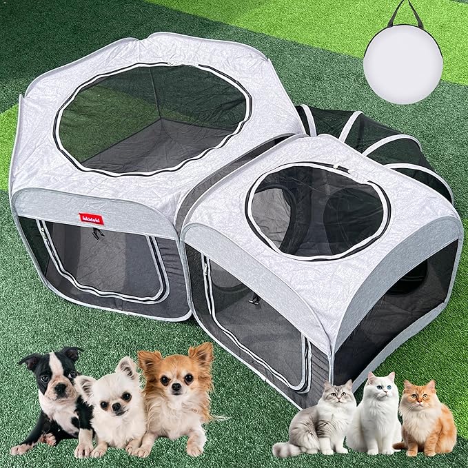 Portable Dog Playpen 2-Room with Tunnel, 3-in-1 Large Cat Crate Play Enclosure with Separate Areas, Foldable Pet Playpen for Puppy Kitten and Small Animals Indoor Outdoor
