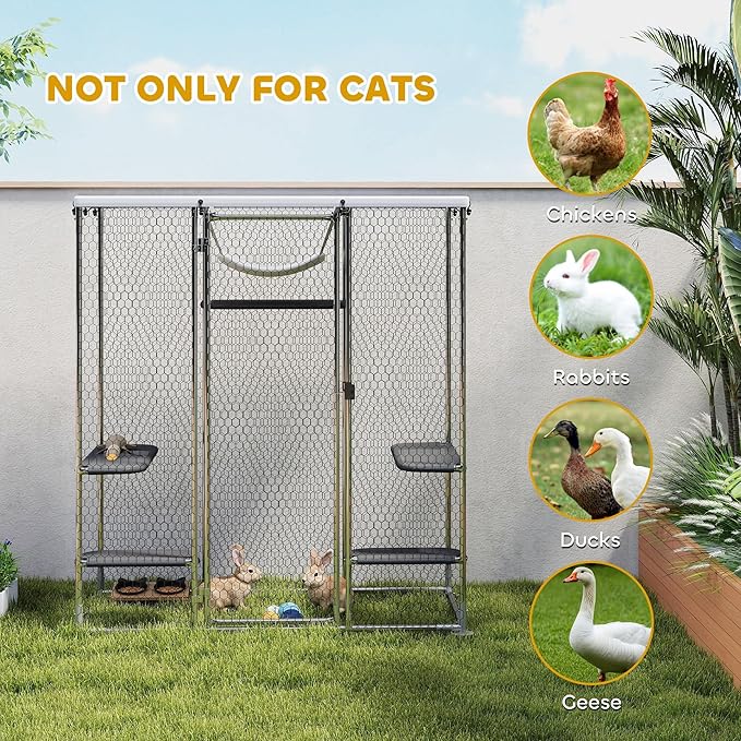 PawHut Large Catio Outdoor Cat Enclosure, Galvanized Steel Walk-in Cat Patio for Multiple Kittens, Outdoor Kitty Cage with Waterproof Cover, 5 Adjustable Platforms, Hammock, Chicken Coop Flat Roof