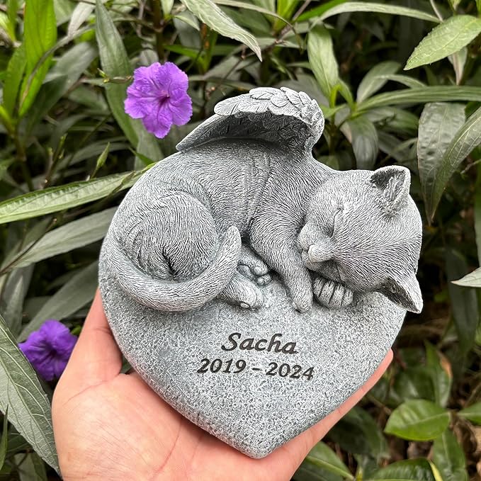 Custom Angel Cat Memorial Grave Marker Tribute Statue,Personalized Pet Cat Headstone Memorial Gift Garden Stone, Engraved with Name and Date,Gift for Sweet Kitty