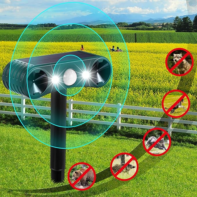 Qualirey 2 Pcs Solar Nocturnal Ultrasonic Light Animal Repeller Outdoor Deterrent with Pir Sensor Waterproof Deterrent Deer Repellent Devices to Repel Cat, Dog, Rabbit, Raccoon, Fox for Yard Garden