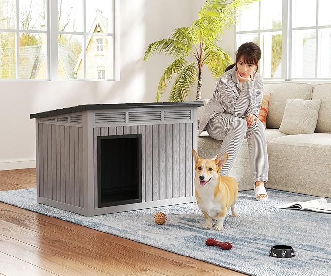 Fancyango Dog House for Indoor & Outdoor Use - Weatherproof Roof & Removable Floor, Fits Small to Medium Dogs (32.1" L x 25.1" W x 24" H) - Grey