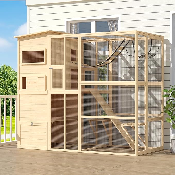 Large 4-Tier Outdoor Cat Enclosure Walk-in Catio with Weatherproof Solid Wood House, Connect to Window, 4 Platforms, 4 Private Resting Rooms & Bridge, for Multiple Cats (Natural)