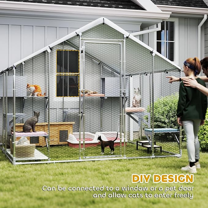 PawHut Catio Outdoor Cat Enclosure, 94.5" Extra Large Walk-in Cat House with Waterproof Cover, 2 Resting Boxes, 7 Jumping Platforms, Chicken Run Coop, Rabbit Hutch, Feral Cat Shelter Pointed Roof