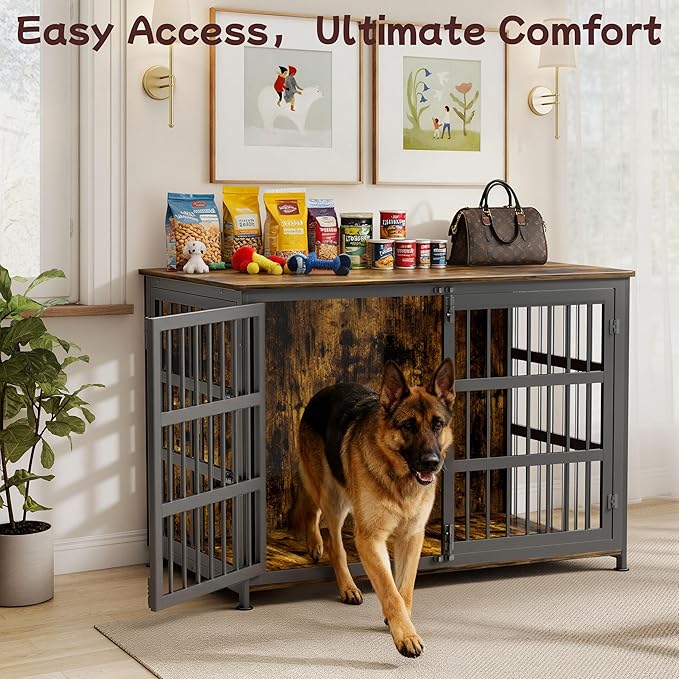 46'' Dog Crate Furniture Large Breed Dog Crate Dog Kennels for Inside Wooden Dog Crates End Table Heavy Duty Indoor Combination Cage for Medium to Large Dogs Walnut