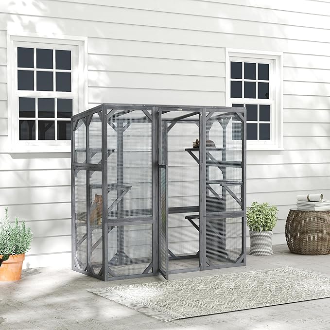 PawHut Catio Outdoor Cat Enclosure, Large Wooden Cat House with 6 Jumping Platforms, Weatherproof Roof, Outdoor Cat Cage Cat Shelter for 1-3 Cats, 59" x 28" x 60", Gray