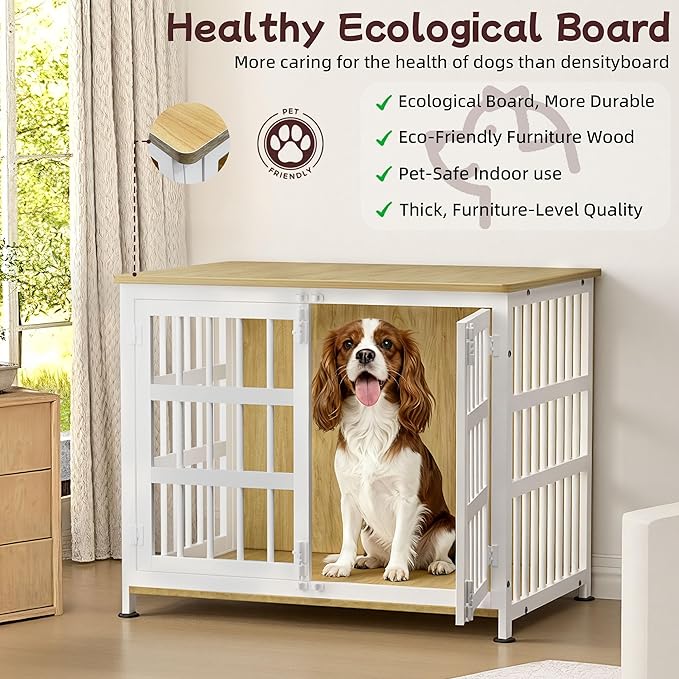 33" Dog Crate Furniture Large Breed Dog Crate Dog Kennels for Inside Wooden Dog Crates End Table Heavy Duty Indoor Combination Cage for Small, Medium Dogs Oak