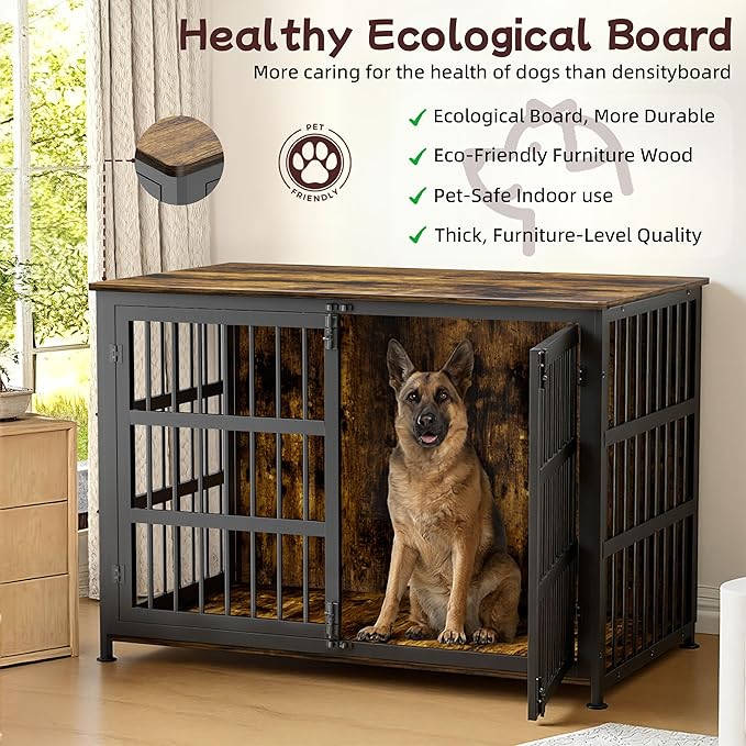 46'' Dog Crate Furniture Large Breed Dog Crate Dog Kennels for Inside Wooden Dog Crates End Table Heavy Duty Indoor Combination Cage for Medium to Large Dogs Walnut