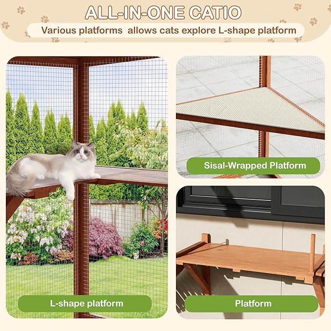 Large Walk-in Catio Wooden cat Houses for Multiple Outdoor Cats, Outdoor cat Enclosure with 4 Bridges & Transparent PVC Roof & sisal Scratcher, Kitty cat Condo Shelters (Orange)