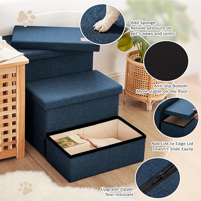 Love's cabin Dog Stairs with Storage, 3 Steps Wider Dog Steps for High Bed 18" H, Foldable Pet Stairs for Small Medium Large Dogs Cats for Bed Couch Car, Ramp with Zip up to 200 lbs, Navy Blue