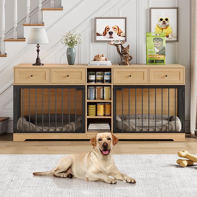 GAOMON Dog Crate Furniture for 2 Dogs, 82'' Large Dog Kennel Indoor with 4 Storage Drawers and 4 Shelves, Double Dog Crate TV Stand for Medium and Large Dogs, Natural