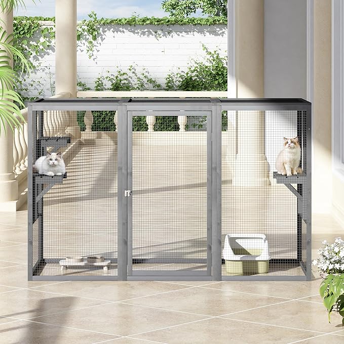Catio Outdoor Cat Enclosure, Large 71" Catio Window, Heavy Duty Steel Mesh Cat Patio with Lockable Door, Large Catios for Balcony, Grey
