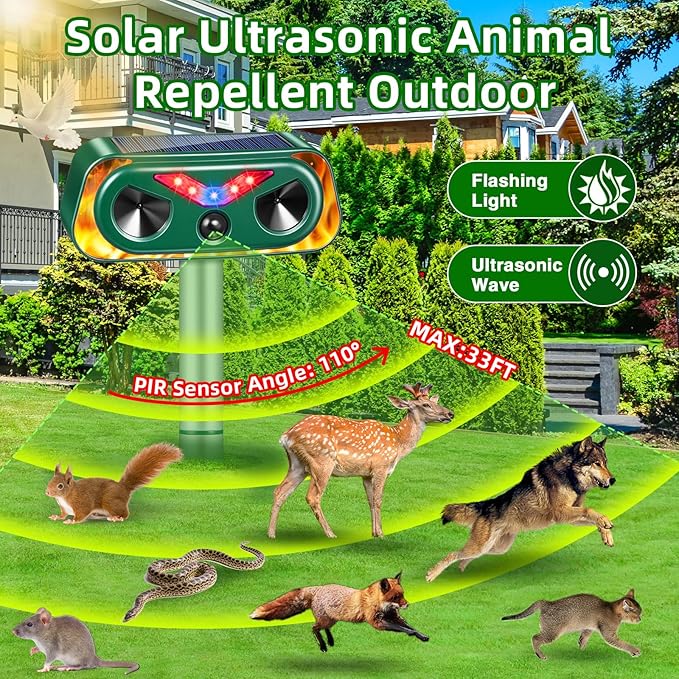 2026 Solar Ultrasonic Animal Repeller Outdoor with Flashing Lights & Motion Sensor Animal Deterrent Devices for Deer, Cat, Squirrel, Raccoon, Rabbit, Fox, Skunk Repellent for Yard Garden,4 Pack