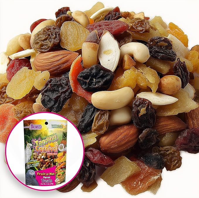 Tropical Carnival Brown’s Gourmet Large Hookbill Food & Fruit & Nut Parrot Treat Bundle – Vitamin-Fortified Daily Diet & Reward Mix for Parrots, Cockatoos & Large Hookbills Over 13in Tall – 10 lb + 1