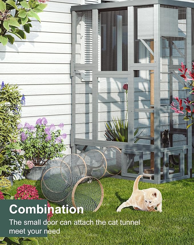 Catio Outdoor Cat Enclosure Window, Large Walk-in Window Catio with Cat House, Multi-Level Platform, Scratching Post and Waterproof Cover, Outdoor Kitty Cage for Multiple Cats, Grey