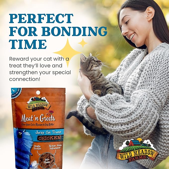 Wild Meadow Farms - Cat Treats - Meat 'N Greets - Soft Jerky Treats with Meat, Perfect for Training & Rewarding, Snacks for Cats - Chicken Flavor