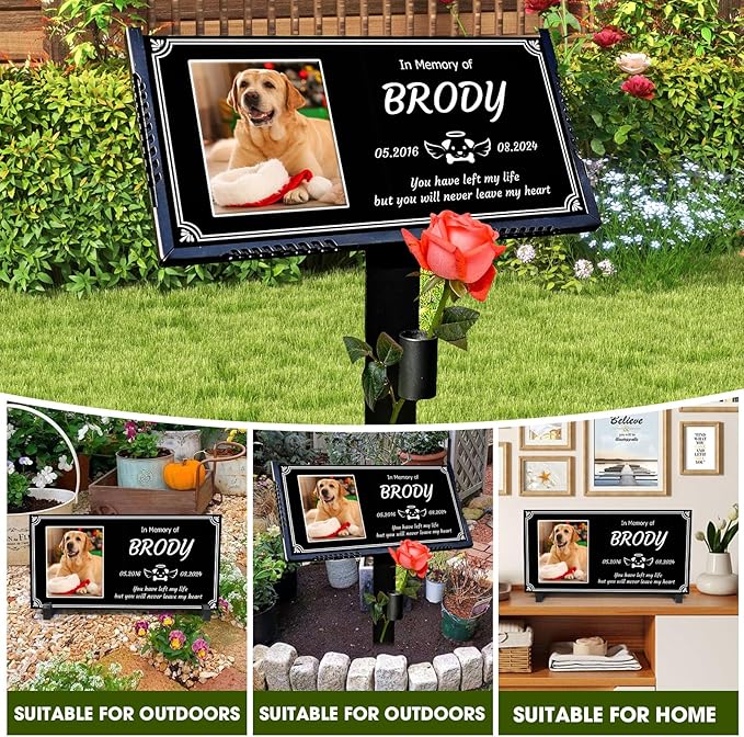 Personalized Pet Memorial Stone, Weatherproof Granite Dog Headstone - Custom Grave Markers for Dogs&Cats Engraved with Photo Name Date,Memorial Stones for Memory Garden