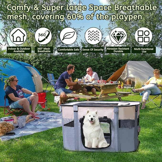 Dog Playpen,Pet Playpen,Foldable Puppy Cat Playpen, Dog Playpen for Indoor Dogs Enclosed, Outdoor Travel Camping Use, Dog Kennel Tent Crate for Rabbit Small Animals with Carrying Case (Grey, L)