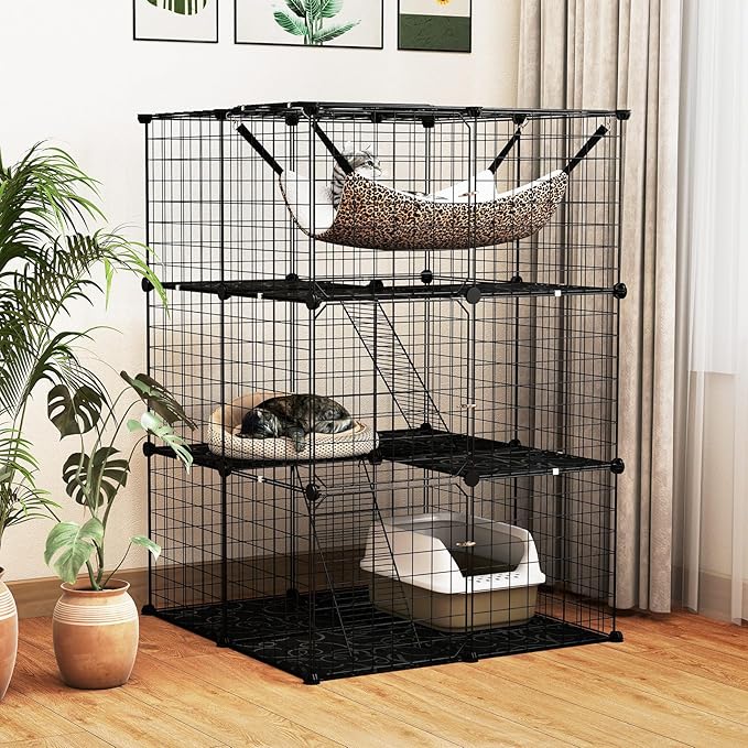 Tangkula Cat Cages Indoor, 3-Tier Cat Enclosure with Skylight, Extra Large Hammock, 2 Ladders, Detachable Metal Wire Kennel with 3 Lockable Doors, DIY Cat Crate & Pet Playpen Catio for 1-3 Cats Kitten