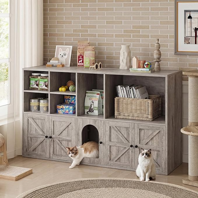 IRONCK Cat Litter Box Enclosure for 2 Cats, Litter Box Furniture Hidden with Double Room and Large Storage Space, Wooden Washroom Furniture, Cat House, Greige