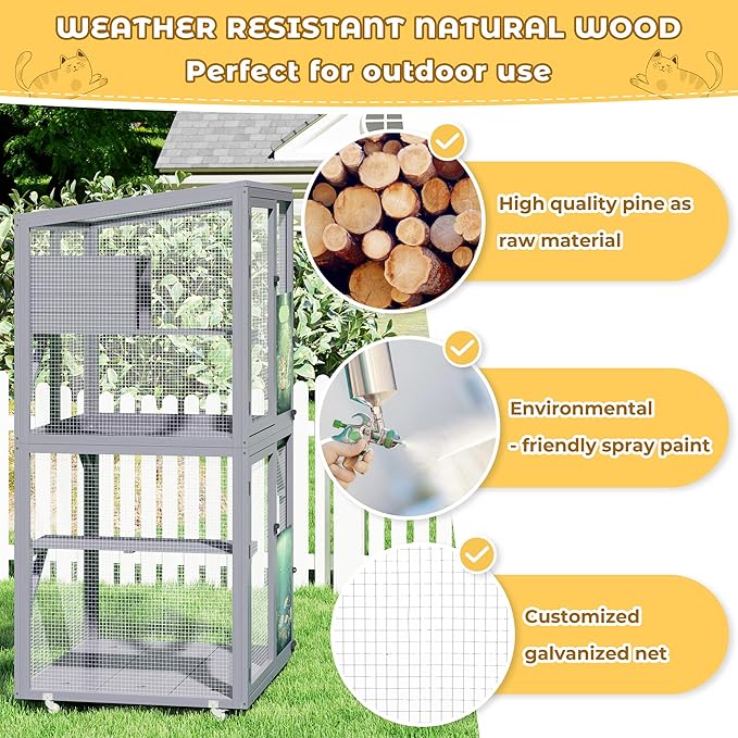 COZIWOW Large Catio Outdoor Cat Enclosure Window Access, Outdoor Cat House with Wheels, Cage for Cats Indoor (Grey, Extra Large)