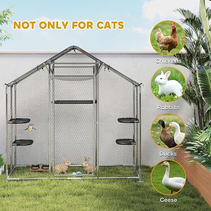 PawHut Large Catio Outdoor Cat Enclosure, Galvanized Steel Walk-in Cat Patio for Multiple Kittens, Outdoor Kitty Cage with Waterproof Cover, 5 Adjustable Platforms, Hammock, Chicken Coop Pointed Roof