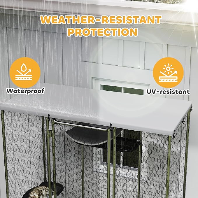 PawHut Large Catio Outdoor Cat Enclosure, Galvanized Steel Walk-in Cat Patio for Multiple Kittens, Outdoor Kitty Cage with Waterproof Cover, 5 Adjustable Platforms, Hammock, Chicken Coop Flat Roof