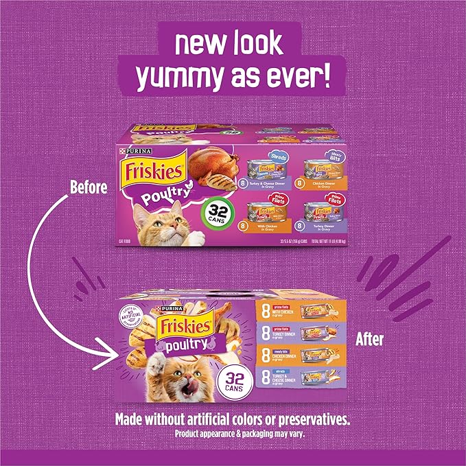 Purina Friskies Gravy Wet Cat Food Variety Pack, Poultry Shreds, Meaty Bits and Prime Filets - (Pack of 32) 5.5 oz. Cans
