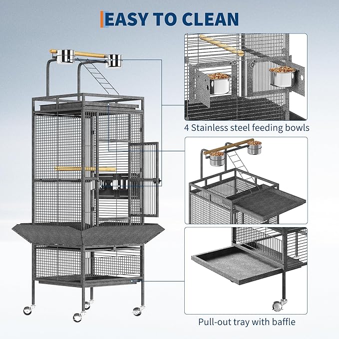 61" Tall Bird Cage - Large Bird Cage with Rolling Stand, Extra Wide Metal Parrot Cage with Play Top & Bowls, Flight Birds House for Macaws, Cockatoos, Conures, Parakeets, Lovebirds