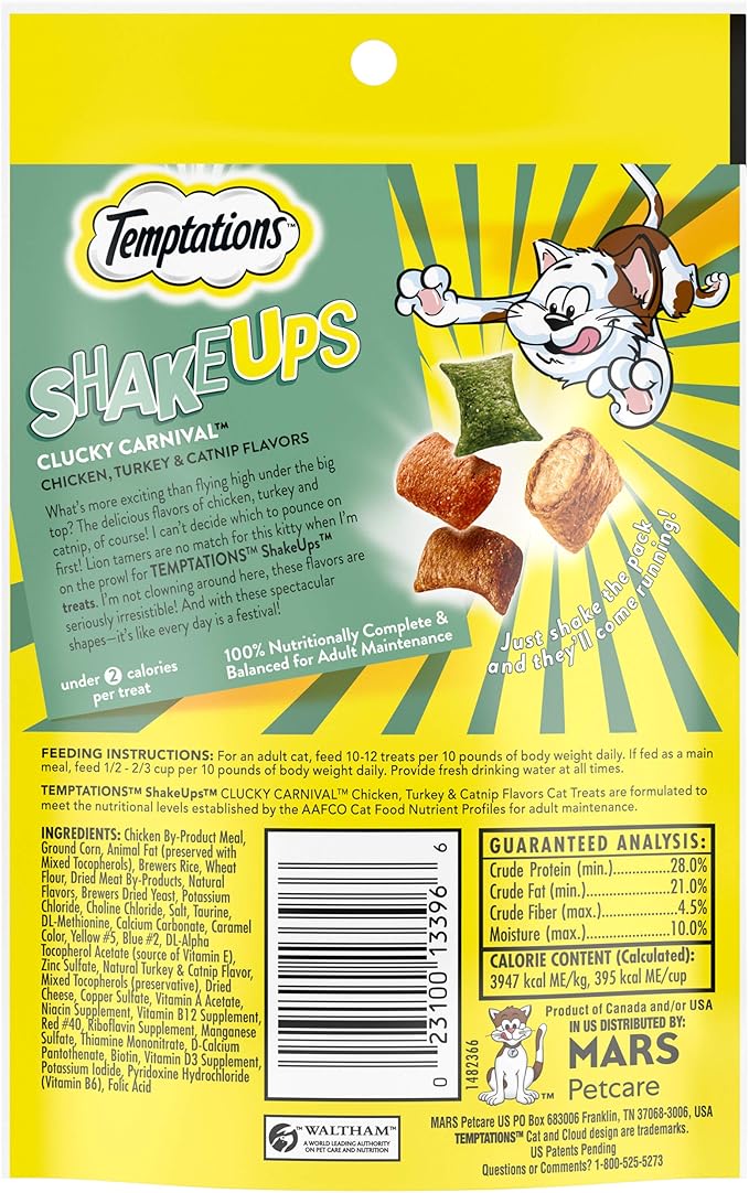 Temptations Cat Treat ShakeUps, Crunchy and Soft Cat Treats, Clucky Carnival, 2.47 oz. Pouches (Pack of 12)