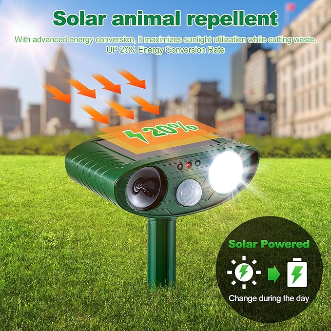 4 Pack Solar Animal Repeller for Raccoons, Deer & Squirrels - Ultrasonic & Strobe Light, Outdoor Deterrent for Cats, Dogs, Raccoons, Rabbits, Skunks, Foxes & More