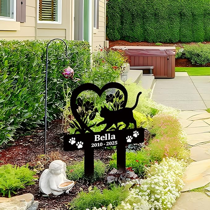 Pet Grave Markers Dog,Metal Pet Headstone for Lost Dog Sympathy Gift,Waterproof Dog Grave Markers for Garden or Indoor,Dog Tombstone Garden Memorial Graves (cat)