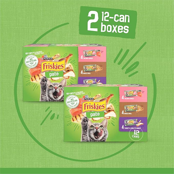Friskies Purina Wet Cat Food Pate Variety Pack Salmon Dinner, Turkey and Giblets Dinner and Mixed Grill - 5.5 oz. Cans (Pack of 48)