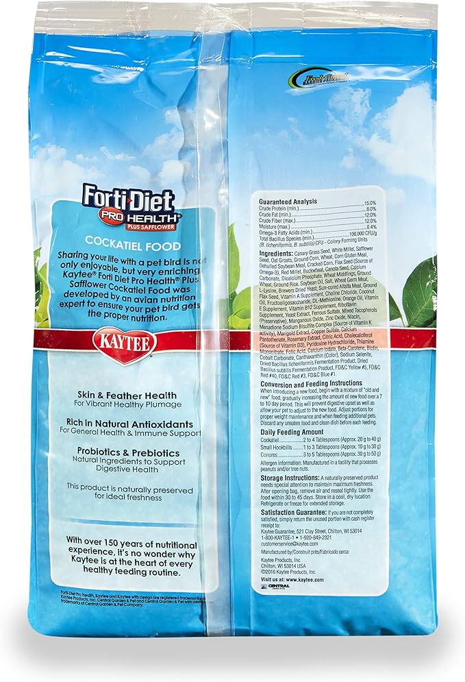 Kaytee Forti-Diet Pro Health Cockatiel Pet Bird Food with Safflower, 4 Pound (Pack of 2)