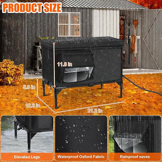 Heated Outdoor Cat House Weatherproof with Heating Pad, Heated Cats House for Outside, Insulated Feral Cat Houses for Outdoor Cats with Safe Escape Door, Elevated Outside Stray Cats Shelter(M)
