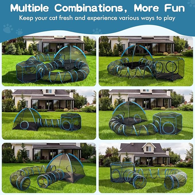 Outdoor Cat Enclosure, 5-in-1 Cat Tent Outdoor Pet Playpen with Tunnel, Portable Catio Play Pen for Outside and Indoor cat Enclosure with Storage Bag for Kitty and Small Animals