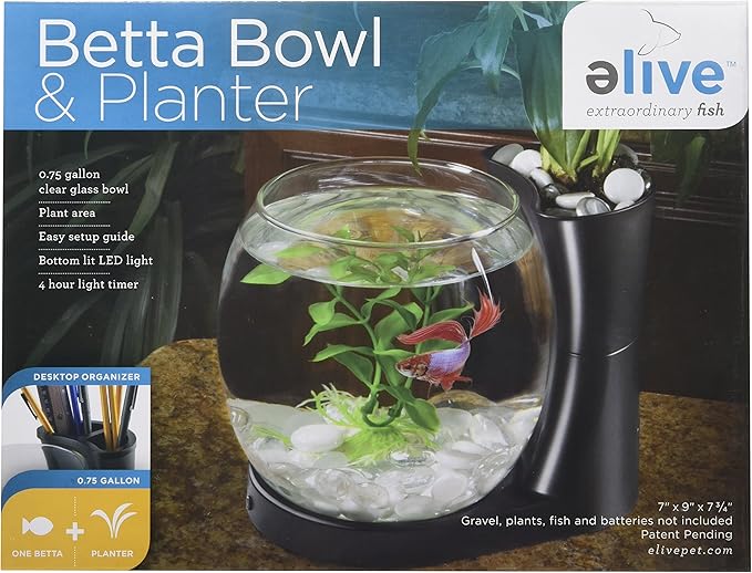 Elive Betta Fish Bowl / Betta Fish Tank with Planter, Small 0.75 Gallon Aquarium, LED Light Timer, Black
