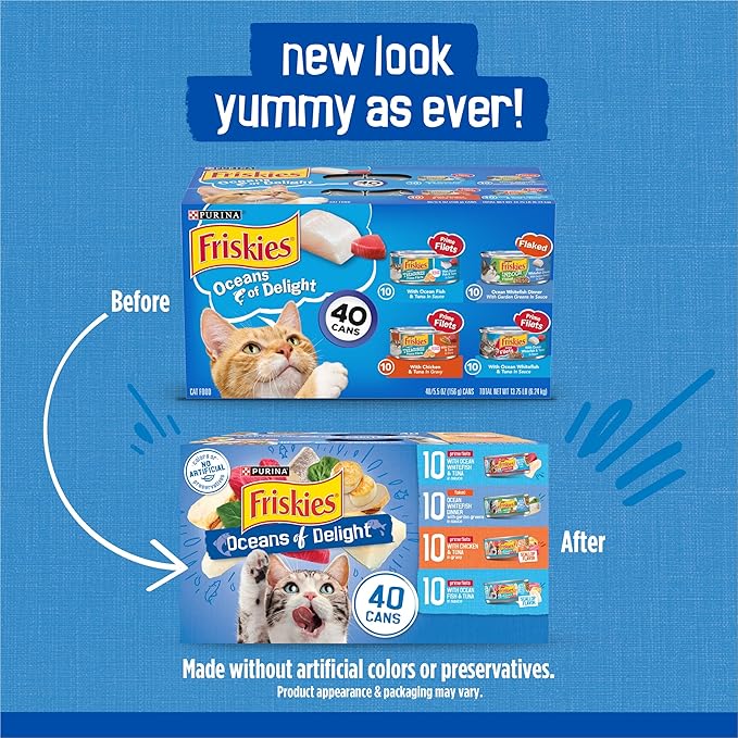 Purina Friskies Wet Cat Food Variety Pack, Oceans of Delight Flaked and Prime Filets - (Pack of 40) 5.5 oz. Cans