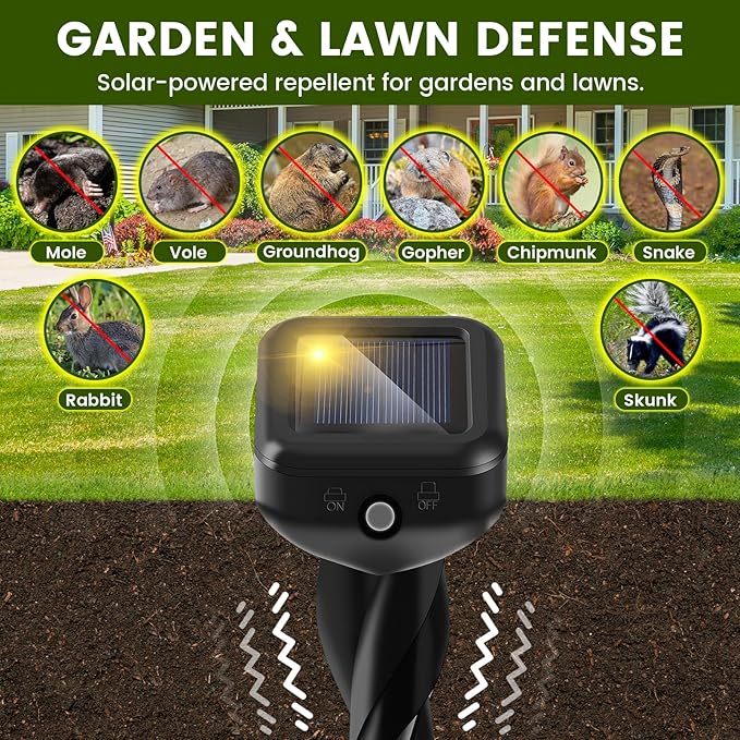 2026 Upgraded Mole & Snake & Skunk & Rabbit Repellent Solar Powered, Ultrasonic Deterrent, IP65 Waterproof, Effective Get Rid of Gopher Raccoon Vole Groundhog Chipmunk for Yard Lawn Garden, 4-Pack