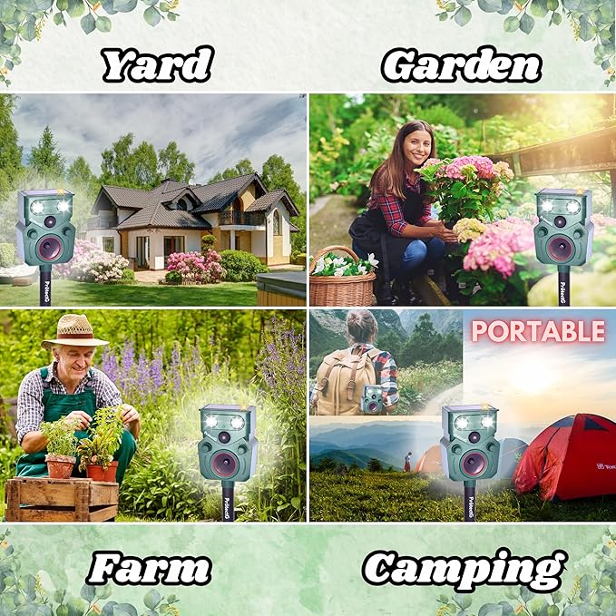 2 Pack Solar Ultrasonic Animal Repellent - Motion Activated Deterrent - Extended Coverage for Farm, Orchard, Garden Large Yard Wildlife Defense - Waterproof Raccoon, Deer, Bird, Cat Repellent