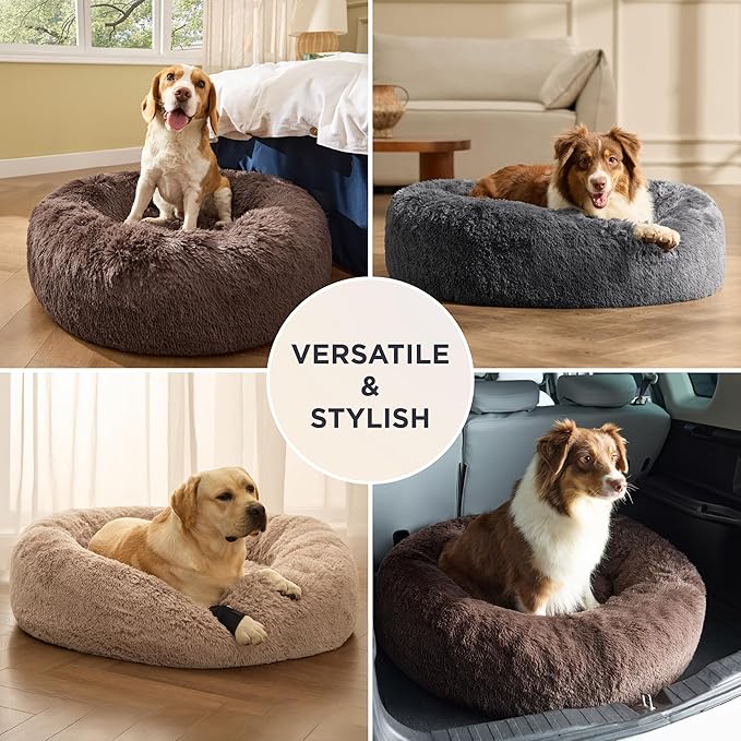 Bedsure Calming Dog Beds Large Sized Dog - 36in Donut Washable Large Pet Bed,Anti-Slip ＆Removable Cover,420GSM Round Anti-Anxiety Fluffy Plush Faux Fur Bed, Fits up to 80 lbs Pets,Plus Version