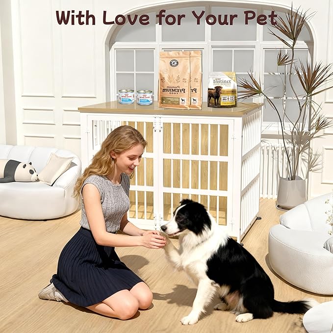 42'' Dog Crate Furniture Large Breed Dog Crate Dog Kennels for Inside Wooden Dog Crates End Table Heavy Duty Indoor Combination Cage for Medium to Large Dogs Oak