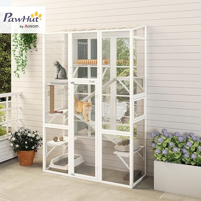 PawHut Outdoor Catio Cat Enclosure, Large Wooden Cat House with 6 Jumping Platforms, Scratching Post, 2 Ramps, Waterproof Roof, Kitty Cage Window Access for 2-3 Kittens, 99" H, White