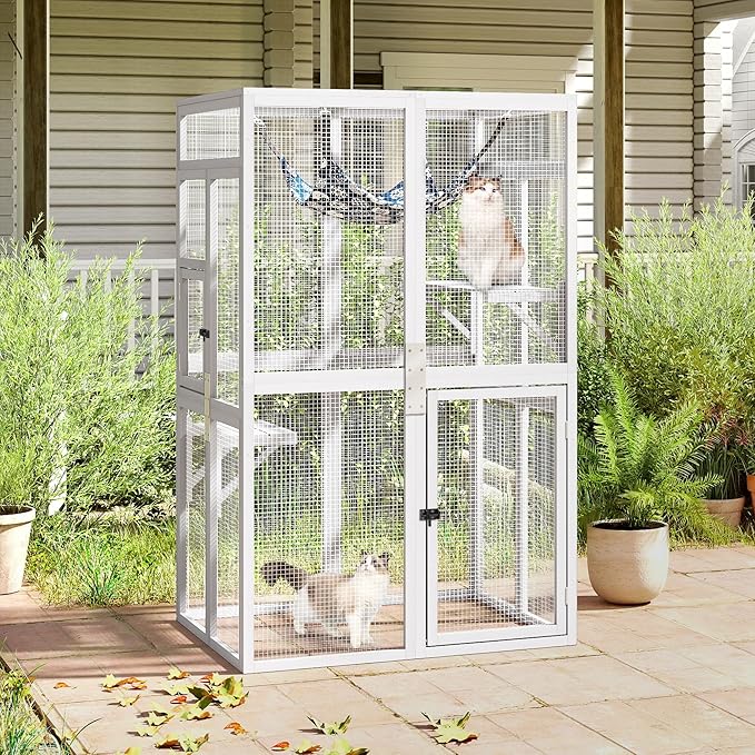 COZIWOW Upgraded Catio Outdoor Cat Enclosure Window Access, Wooden Cat House Shelter, Kitty Cage with Platforms & Hammock Patio Indoor (White)